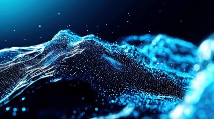 Poster - Abstract Digital Network Illustration, a dark blue mesh of waves and dots symbolizing futuristic technology and seamless data connections in an expansive, open space