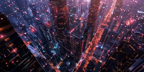 Poster - Night city lights with a network of luminous lines linking skyscrapers, highlighting the intersection of technology and urban development in a connected cityscape