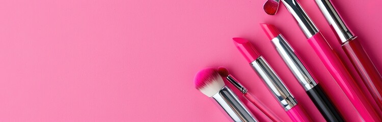 a set of pink makeup brushes and lipstick on a pink background. perfect for beauty bloggers, makeup 