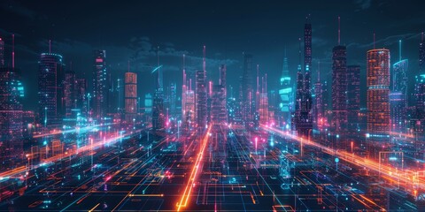 Poster - A dark urban landscape with bright, neon lines connecting illuminated buildings, representing the integration of technology and connectivity within a bustling night city