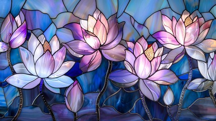 Vibrant lotus flowers made of stained glass showcase intricate details against a soothing blue backdrop, creating a serene and artistic atmosphere