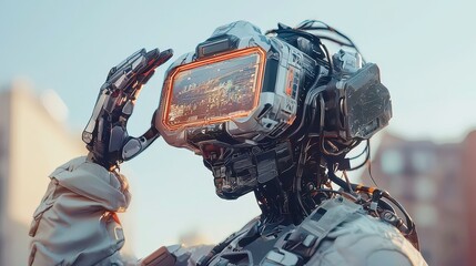 Poster - Humanoid Robot with Holographic Interface, a futuristic scene showcasing an advanced AI robot engaging with a vibrant virtual screen in an open, illuminated environment