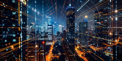 Poster - A nighttime cityscape with glowing lines forming a network between illuminated skyscrapers, representing the intersection of modern technology and urban infrastructure