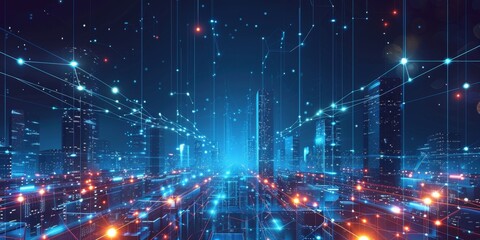 Poster - Illuminated skyscrapers at night connected by glowing lines, symbolizing a web of communication and data exchange across a high-tech city landscape