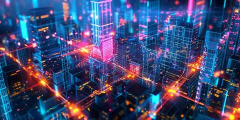 Poster - City lights at night with neon lines connecting buildings in a complex network, illustrating the integration of advanced technology and digital connectivity in an urban setting