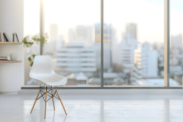 Poster - A minimalist white chair placed in a bright, modern room with large windows overlooking a cityscape, creating a serene atmosphere.