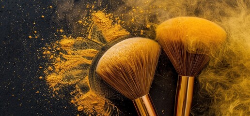 two makeup brushes with golden powder on a black background. the brushes are in focus and the powder