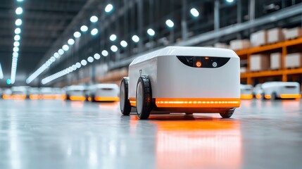 Poster - Delivery robots equipped with sensors resting in a contemporary, expansive warehouse, showcasing advanced technology in an efficient logistics environment.