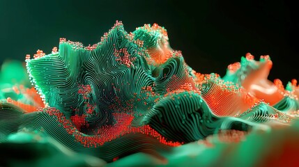 Poster - Vibrant Neural Network Waves, A dynamic 3D illustration showcasing forest green and coral beige colors representing big data, cybersecurity, and artificial intelligence in a boundless space.