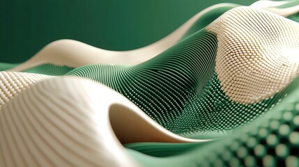 Poster - Vibrant Neural Network Visualization, a striking 3D illustration featuring forest green and coral beige hues, depicting big data and cybersecurity information waves in a dynamic free space setting