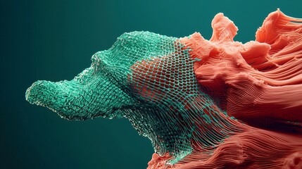 Poster - Emerging Cyber Landscapes, a vibrant 3D depiction of neural networks and AI, showcasing forest green and coral hues, illustrating the dynamic flow of big data and cybersecurity.