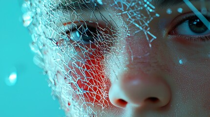 Poster - Futuristic AI Face with Digital Matrix Background, a striking representation of advanced technology, showcasing an intricate interplay of digital patterns and virtual elements.