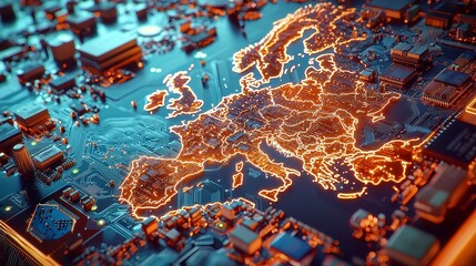 Poster - Glowing Circuit Map of Western Europe on Chip, intricate design showcasing digital connectivity and global networks, vibrant colors illuminating the intricate pathways and connections