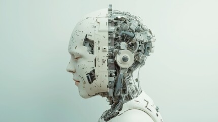 Poster - Cyborg Executive in a Modern Office, a futuristic figure merging human and machine elements, exuding professionalism in a sleek, expansive corporate environment.