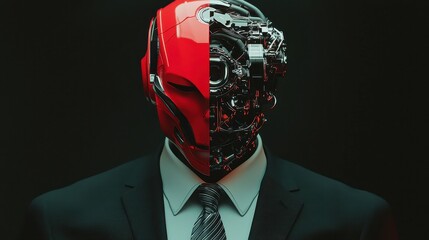 Poster - Cybernetic Executive, a fusion of technology and ambition, a humanoid figure blending sleek robotic features with a sharp business suit, exuding a futuristic corporate vibe.