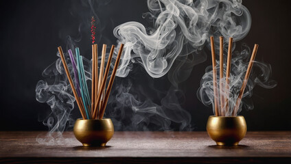 Incense sticks with smoke, incense sticks with candles, Hand holding incense sticks for worship, Close up shot