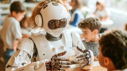 Poster - Innovative Learning Environment, Mature female educator engaging diverse students with a social robot in a spacious lab, fostering creativity and collaboration in technology education.