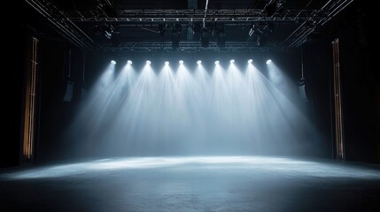 Poster - Modern Dance Stage with Dynamic Spotlighting, Vibrant lighting casts dramatic shadows, an empty stage awaits performers, showcasing creative art design for an engaging entertainment experience