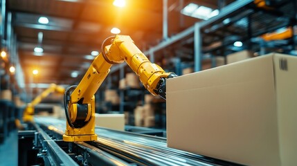 Poster - Robot Arm Sorting Cardboard Boxes in Warehouse, automated system efficiently organizing shipments, industrial setting, smooth operation on steel conveyor, optimizing logistics process