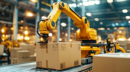 Poster - Robot Arm Sorting Cardboard Boxes in Warehouse, automated system, efficient logistics, steel conveyor, organized workflow, industrial setting, enhancing productivity and accuracy.