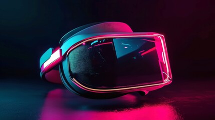 Poster - Futuristic VR Goggles in Metaverse, immersive digital technology for gaming and entertainment, illuminated by neon lights against a dark backdrop, evoking a sense of advanced virtual experiences.