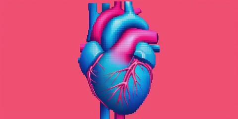 A vivid pixel art illustration of a human heart in blue and pink, ideal for educational and medical use.