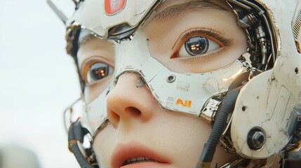 Poster - Futuristic Woman AI Humanoid Robot, advanced design with sleek features, interactive interface, embodying technology and human-like qualities, poised in a modern environment, showcasing innovation.
