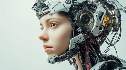 Poster - Humanoid female robot, showcasing advanced artificial intelligence, sleek metallic design, expressive features, designed for interactive communication and companionship.