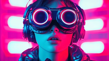 Poster - Cyberpunk Aesthetic with Futuristic VR Technology, vibrant colors, high-tech cityscape, dynamic patterns, immersive digital environment, bold fashion statement, sleek design elements