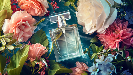 Wall Mural - Perfume bottle in flowers, fragrance on blooming background, floral scent and cosmetic product idea