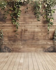 Wall Mural - Rustic wooden floor and wall with plants  as a backdrop for product presentation