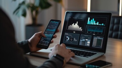 Poster - A person is using a laptop and a cell phone to view graphs and charts