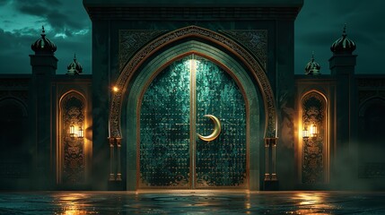 Wall Mural - Photo islamic decoration background with arabic lantern crescent islamic pattern with copy space