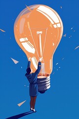 2d, flat , minimal , isometric, illustration, two characters, holding a huge bulb, blue color . Generated AI