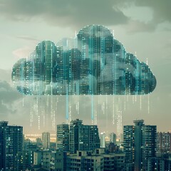 Wall Mural - Abstract Binary Cloud Hovering Over Futuristic City Skyline Cloud Computing Concept