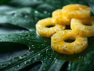 Poster - Freshly Cut Pineapple Rings Artfully Arranged on Tropical Leaf with Copy Space