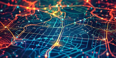 Aufkleber - A detailed transportation network map featuring interconnected routes such as roads, railways, and buses, designed to illustrate the complex and efficient urban transit system