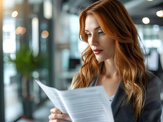 Poster - focused businesswoman reviewing documents in bright office