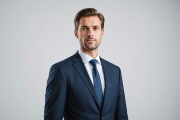 Wall Mural - Businessman in suit posing on white background, low angle view