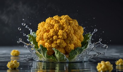 Wall Mural - A yellow cauliflower in a splash of fresh water isolated on a transparent background