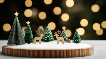 Canvas Print - Christmas-themed wooden podium with a snow-dusted surface, surrounded by miniature Christmas trees, reindeer figurines, and soft twinkling lights 