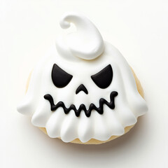 Canvas Print - Closeup of a Halloween ghost meringue cookie with spooky facial expressions isolated on white background 