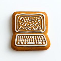 Sticker - Gingerbread cookie shaped like a computer monitor with a keyboard, decorated with playful icing designs, isolated on white, top view 