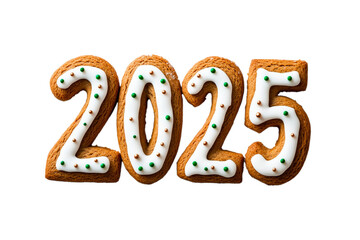 Wall Mural - Gingerbread in the shape of 2025, each number decorated with festive icing and sprinkles, isolated on white 