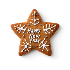 Sticker - Gingerbread star with Happy New Year written in icing, glittery details, isolated on white 