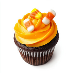 Wall Mural - Halloween candy corn cupcake with orange frosting and candy corn decorations, isolated on white background, top view 