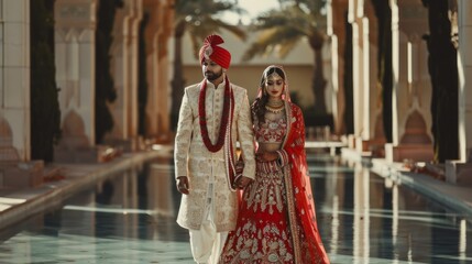 Wall Mural - A bride and groom are walking down a long hallway with a pool in the background