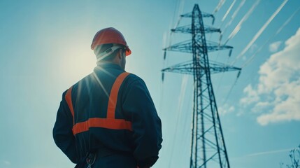 Engineer wearing safety uniform and helmet working at High-voltage tower.