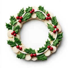 Sticker - Top view of a Christmas wreath cake decorated with fondant holly and ribbons isolated on white background 