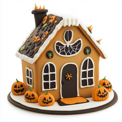 Wall Mural - Wide angle of a gingerbread house decorated with spooky Halloween elements isolated on white background 